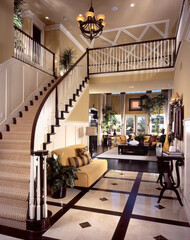 House staircase with Living room Dinning room Interior Design. 