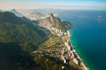 Beautiful Aerial View of Rio de Janeiro Coast With Mountains, Sao Conrado Beach and Slum Rocinha