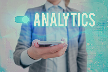 Text sign showing Analytics. Business photo showcasing method of logical analysis of income, profits, losses, etc. Graphics padlock for web data information security application system