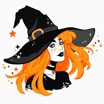 beautiful witch in a classic hat and flowing hair