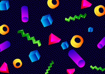 80s Memphis Style Pattern with Colourful 3D Shapes
