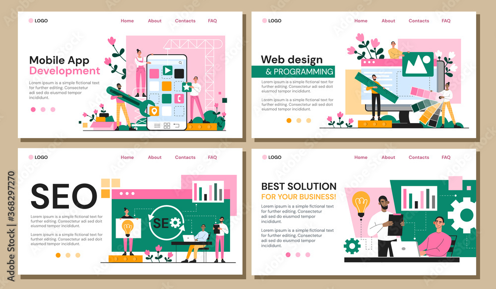Poster set of four web page templates for business seo and solutions, mobile app development and web design