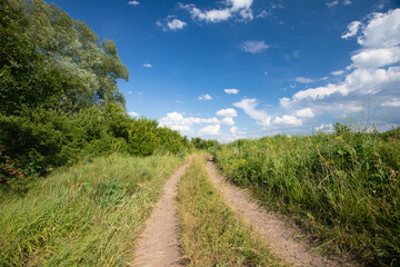 Fototapeta na wymiar Rural road through a green field with blue sky