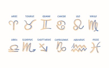 Zodiac signs set isolated on a white background. Signs of a star for an astrological horoscope. Astrological calendars collection, vector illustration