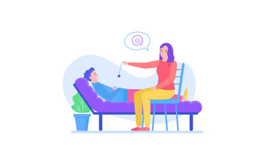 Woman character psychologist conduct medical hypnosis to patient male find forgotten mind psychology problem isolated on white, flat vector illustration. Therapeutic support psychotherapeutic session.