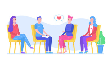 Group medical psychotherapy, people male female together search mind problem, team session psychology isolated on white, flat vector illustration. Person sitting chair, talk about psychological issue.