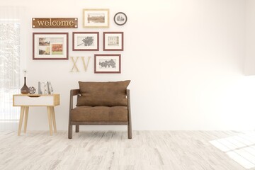 White modern room with armchair. Scandinavian interior design. 3D illustration