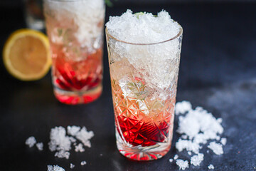cocktail ice syrup drink in glass sparkling water tonic alcohol or non-alcoholic beverage portion serving food background copy space 