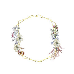 Wedding Invitation, cornflower floral invite card, forest floral and magnolia geometric golden frame print. White background