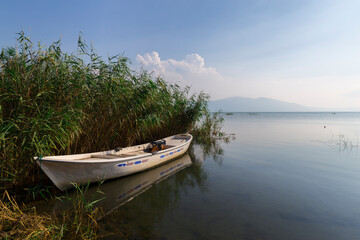 Fototapeta na wymiar A fishing boat among the reeds. Iznik Lake. Bursa.
