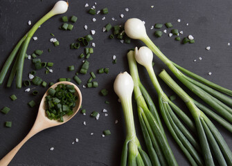 Pile of green onion and herb chopped in wooden spoon. Stone background. Top view.