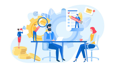 Meeting, report on work, the team is sitting in the office at the table. Business contacts. Flat vector illustration