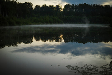 Fototapeta premium sunset over the lake in forest with fog
