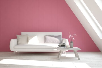 Pink modern room with sofa. Scandinavian interior design. 3D illustration