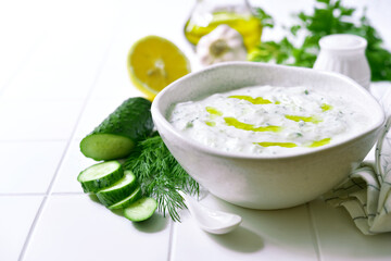 Tzatziki - traditional greek yogurt sauce with cucumber, garlic and dill.