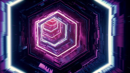 Flight in abstract sci-fi tunnel. Futuristic background for music video, EDM club concert, high tech backdrop. Time warp portal, lightspeed hyperspace concept. 4k 3D illustration