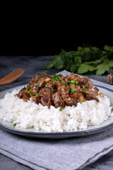 Stewed chicken gizzards on the boiled rice. Hot meal with offal meat products