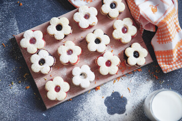 Homemade cookies with apricot jam and sugar.