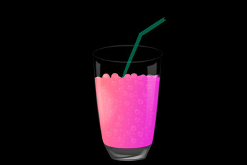 Pink magic potion with bubbles in a glass with a straw on a black background.