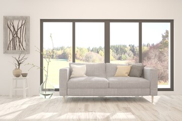 White room with sofa and autumn landscape in window. Scandinavian interior design. 3D illustration