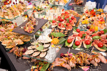 Assortment festive appetizers on the plate, selective focus. Festive buffet
