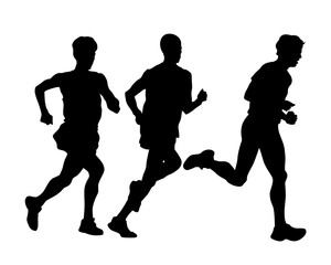 Young athletes run a marathon. Isolated silhouettes on white background