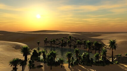 Oasis in the sandy desert at sunset, a pond in the sandy desert with palm trees, 3D rendering