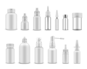 Medical packaging white realistic mockups set. Phial, jar, spray, vial, dropping bottle, flask.