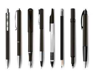 Pens and pencils assortment realistic mockups set. Stationery collection. Writing, drawing implements.