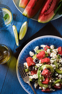 Watermelon feta cucumber olive summer salad