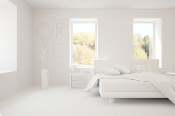 White modern bedroom. Scandinavian interior design. 3D illustration