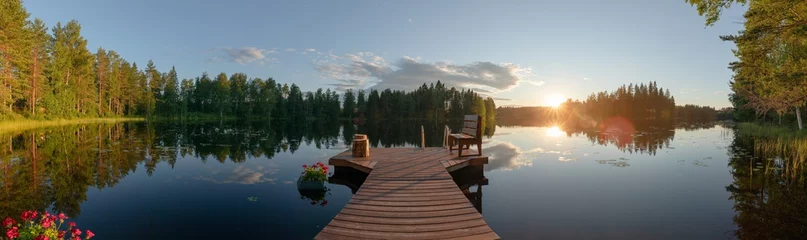 Keuken spatwand met foto Sun is setting on Finnish lake (panorama) © AnttiJussi