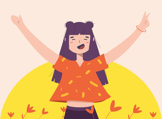 Happy young girl enjoy summer time surrounded by flowers. Freedom after hard working day, long-awaited vacation