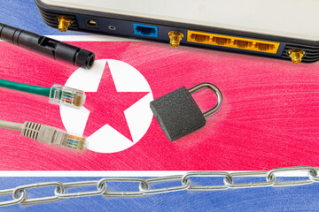 North Korea Internet censorship and security concept. Flag in the background of the internet...