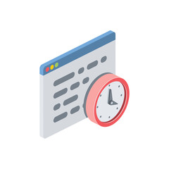 Window screen clock time. Vector 3d isometric, color web icons set, new flat style. Creative illustration, idea for infographics.
