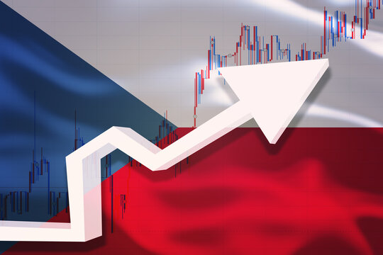 Czech Republic growth chart. White 3D arrow and stocks chart grows up on the background of waving flag of the country.