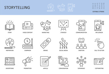 Vector storytelling icons. Editable stroke. Story content marketing strategy, campaign advertising brand social media. Conversation promotion article inspiration, copywriting call to action influencer - obrazy, fototapety, plakaty