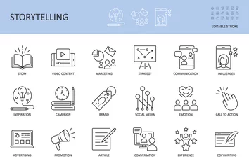 Fotobehang Vector storytelling icons. Editable stroke. Story content marketing strategy, campaign advertising brand social media. Conversation promotion article inspiration, copywriting call to action influencer © Irene