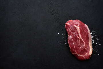 Raw organic marbled beef steak with salt and pepper. Top view with copy space.