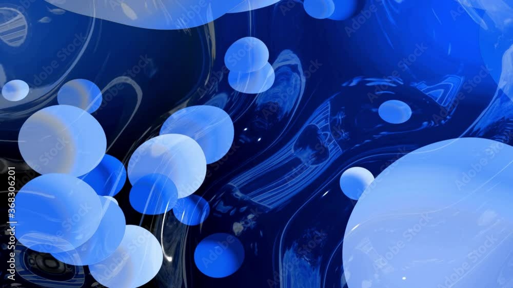 Poster beautiful abstract looped background of shiny glossy surface like wavy blue liquid with circles floa
