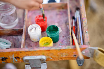 gouache paint (white, red, green and yellow) for painting with a brush