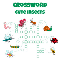 Crossword with insects. Vector education game for children. Word search puzzle. Mini-game for children.