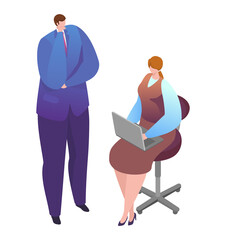 Businesswoman sitting office chair with laptop, businessman character standing discuss industry task isolated on white, isometric vector illustration. Male female communication business climate.