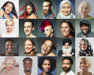 Portrait smiling diverse people video conferencing on screen