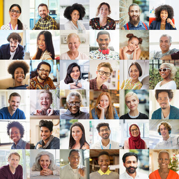 Portrait smiling diverse community video conferencing on screen