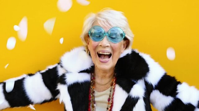 Funny grandmother lifestyle moments on colored background