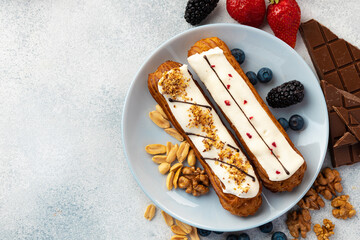 Close up photo of fresh french eclair cake with icing