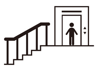 階段とエレベーターに乗る人　白黒