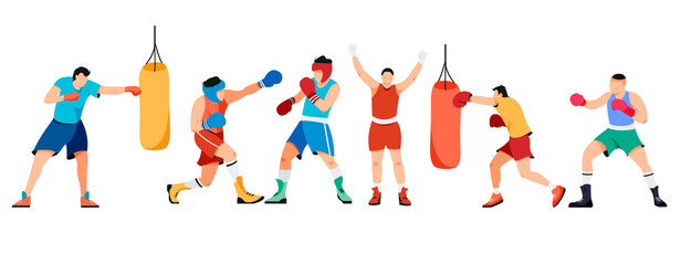 Set of isolated boxing people on white background. Punching bag training. Men in boxing gloves fighting design elements.