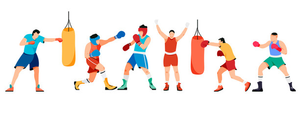 Set of isolated boxing people on white background. Punching bag training. Men in boxing gloves fighting design elements.